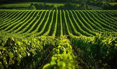 beautiful green vineyard stretching into the distance under a clear sky, symbolizing growth and bounty - obrazy, fototapety, plakaty