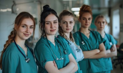 A trio of healthcare professionals in scrubs with stethoscopes in a hospital corridor