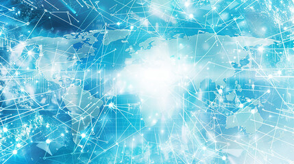 Digital age world map, frosty white lines on icy blue.