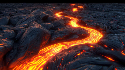 Lava-like glow carves through dark, rugged shapes.