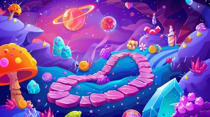 A cute colorful tasty solar journey in space on a space level map galaxy modern background. A 2D childish road progressing in the cosmos towards a goal.