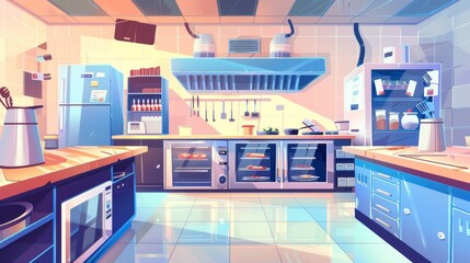Commercial food industry illustration with professional equipment for food preparation and catering. Empty kitchen with fridge, counter and wine glass.