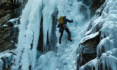 climber in gear scales a majestic frozen waterfall amid jagged rocks and icy crags