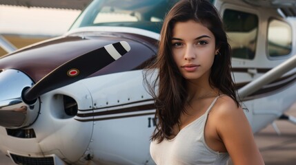 A confident woman standing in front of a small plane on a runway, ready for takeoff