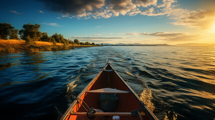 Serene Canoe Journey at Sunset on a Peaceful Lake.Generative ai.