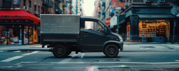 Fototapeta premium A compact white delivery truck is parked on a bustling city street with shops and pedestrians