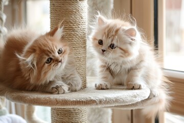 Two adorable Persian kittens frolicking on cat tower