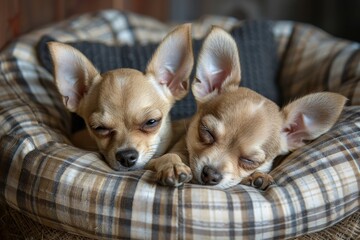 Two adorable domestic chihuahua puppies resting in bed together creating an emotional portrait - obrazy, fototapety, plakaty