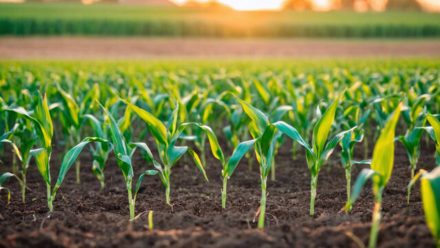 The image shows a field of green plants under a clear sky. The plants appear to be a cash crop, such as corn growing on a farm or plantation.