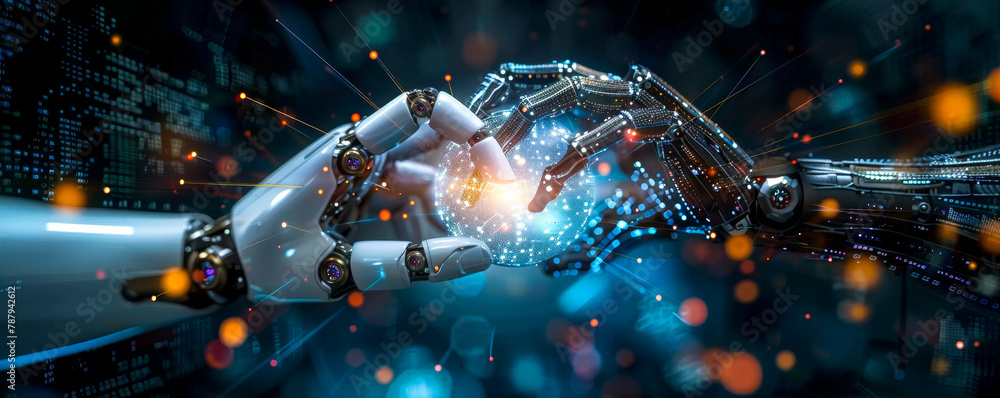Aufkleber human-robot synergy: metallic robotic arm connecting with hand over big data network grid - ai, mach