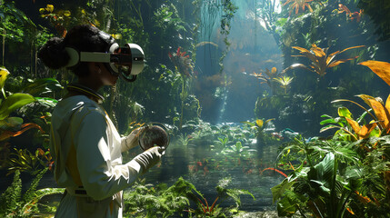 Scientist Examining Flora in Virtual Reality Environment
