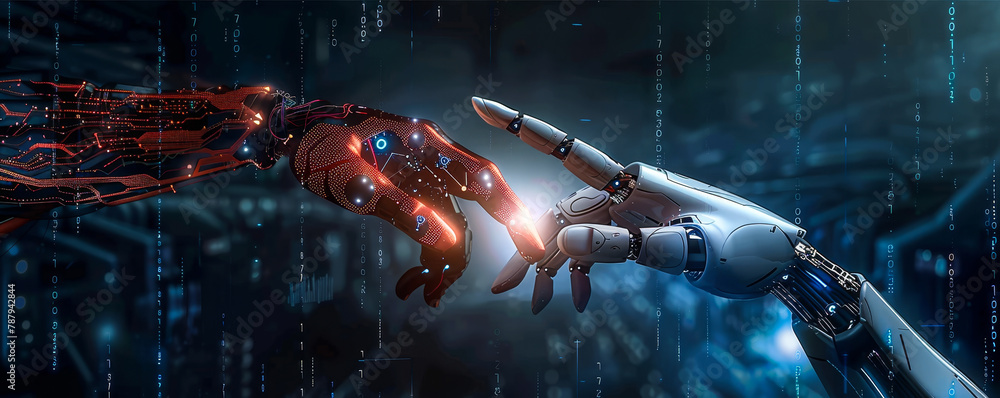 Poster robotic hands connected over big data network - ai machine learning data exchange, deep learning sci