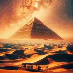 Majestic Pyramid Amidst Golden Desert Dunes - obrazy, fototapety, plakaty