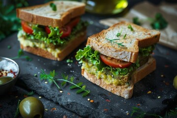 Two olive paste sandwiches - obrazy, fototapety, plakaty