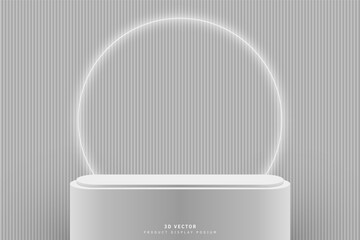 Clean gray 3D round podium or stand for product display and glowing neon ring, vertical background. Wall scene for product display presentation or mockup. Stage for showcase. 3D vector rendering