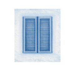 Window with wooden closed shutters as an element of medieval house facade in the center of old European town in monochrome blue and white colors. For patterns, images of facades, stickers, postcards.