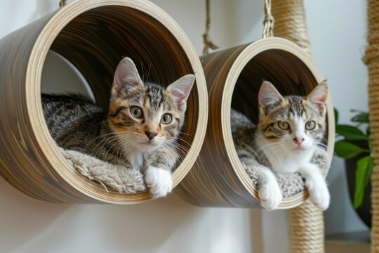 Two pretty kittens lounging on a contemporary cat bed and gazing