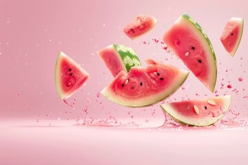 Watermelon dropping on pastel background In air fruits Red fruits floating Summer theme and colors Space for text - obrazy, fototapety, plakaty