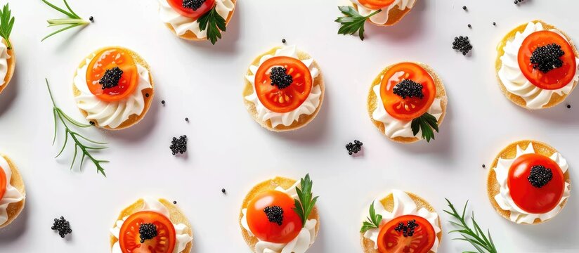 Copy space is provided for tomato, cream cheese, and caviar canapes with garnish on a white background.