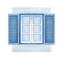 Window with wooden unlocked shutters as an element of medieval house facade in the center of old European town in monochrome blue and white colors.For patterns,images of facades, stickers, postcards.