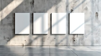 Modern gallery interior with blank frames. Clean and minimalist design. Art space concept. White canvas collection on concrete wall. Gallery mockup. AI