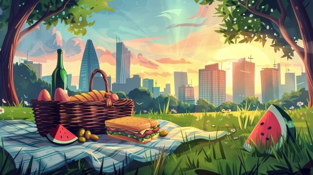 Summer romantic cityscape with urban skyscrapers view and picnic basket in a city park. Sandwiches, eggs, watermelon, and olives are included in the picnic basket.
