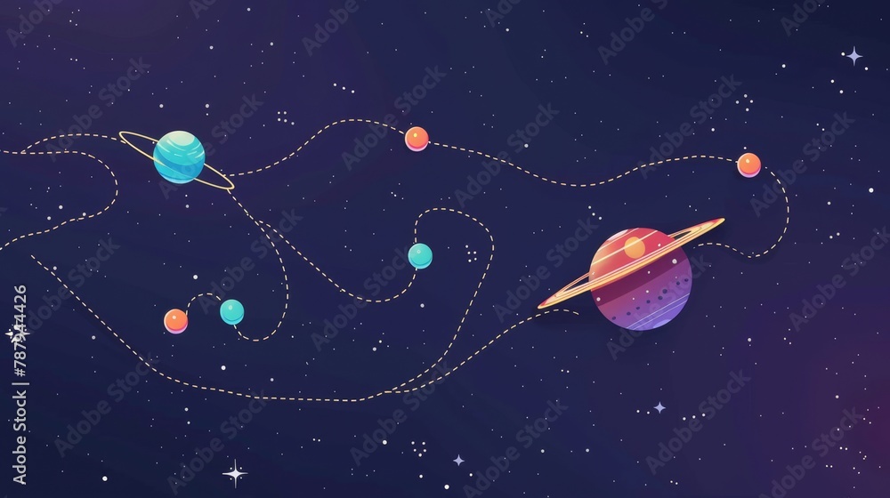 Poster the level map of a space game shows mysterious cosmic orbs marking the steps en route to the finish 
