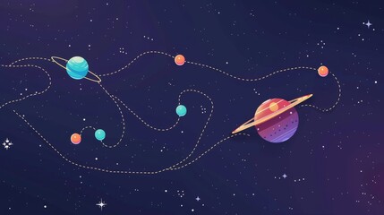 The level map of a space game shows mysterious cosmic orbs marking the steps en route to the finish line along with the player rocket. Cartoon modern illustration of an imaginary alien planet on its - obrazy, fototapety, plakaty