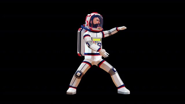 3d Astronaut in wushu stance makes passes with his hands. Spaceman in spacesuit - Wushu fighting stance. 3d looped animation with alpha channel