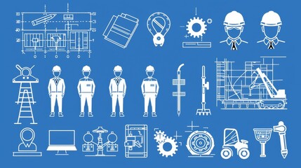 A set of engineering icons. It contains blueprints, engineer icons, tools, construction icons, mechanical icons, industrial icons, worker icons, engine icons, manufacturing icons, and machinery - obrazy, fototapety, plakaty