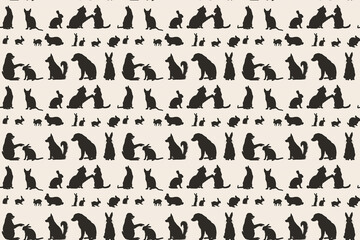 Silhouettes of various animals pattern, seamless monochrome design
