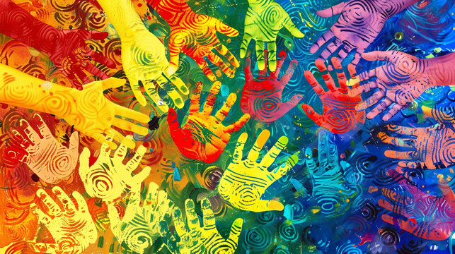 close up of colorful texture of handprints