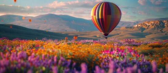 Obraz premium A grand hot air balloon soars above beautiful rural fields adorned in multiple hues of flowers.