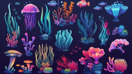 Fototapeta na wymiar Animals and plants found underwater for seabed design. Cartoon modern set featuring seaweeds, corals, fish, and jellyfish. Ocean aquatic tropical world with vibrant animals.