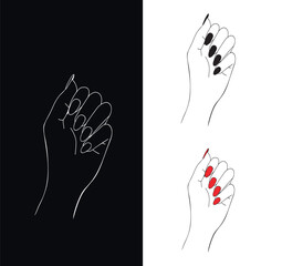 wrist of female hand with nails vector line. hand set nails vector.hand line on black background vector