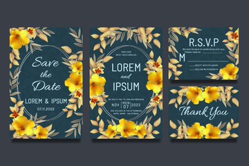 Wedding invitation template with yellow flowers and leaves
