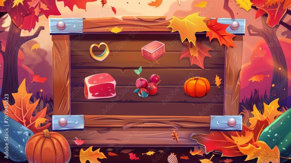 Poster fall wood store menu frame for mobile app screen with poison, ring, meat and key web concept. fantas