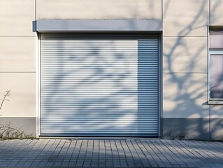 White automatic shutters in a house and gates in a garage with an automatic roll up gate or push up...