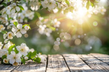 White blossoms and sunbeams on wooden table with spring background - obrazy, fototapety, plakaty