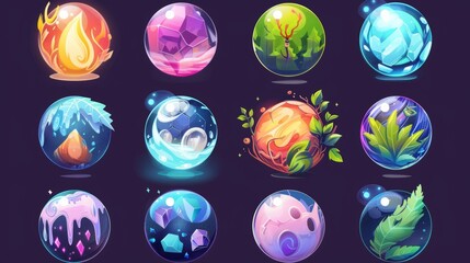 Wizard fortune sphere ui illustration 2d set. Mystery bubble collection with nature leaf, honeycombs, water, and music sound glowing clipart.