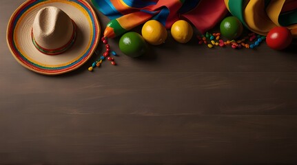 Cinco de Mayo holiday background with Mexican cactus and party sombrero hat on wooden table.generative.ai