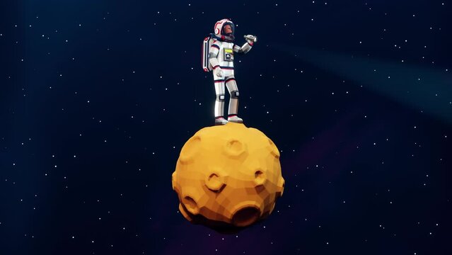 A 3D cartoon astronaut in a spacesuit walks on a rotating moon and shines a flashlight. Astronaut on the moon. Looping animation with alpha channel.