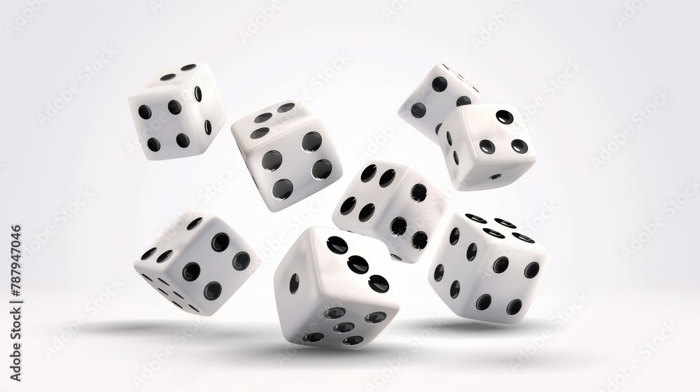 Poster an illustration of a realistic modern white cube with the dots numbered from 1 to 6 for a casino gam