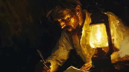 Painter Concentrating on Artwork by Lantern Light in a Dark, Intimate Space - obrazy, fototapety, plakaty