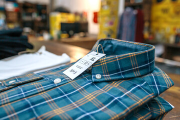 Detail of label with price and size over a blue plaid shirt on industrial style store. Close up of organized apparel stacks over counter ready to sell on vintage clothes shop.