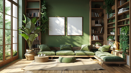 Wooden and green living room interior with shelves and poster mockup, generative Ai - obrazy, fototapety, plakaty