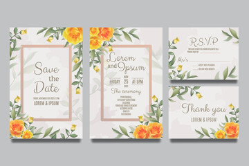 Wedding invitation template with roses yellow gradient and leaves