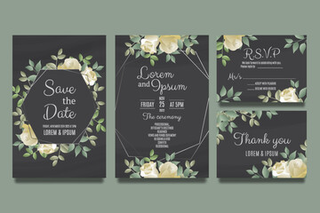 Wedding invitation template with roses yellow gradient and leaves