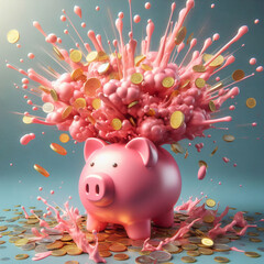 piggy bank exploding with a lots of money cash