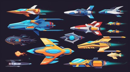 Isolated on black background, modern cartoon illustration of future spacecraft flying in the sky, shuttles for space exploration missions, and cosmic adventure gui elements. - obrazy, fototapety, plakaty